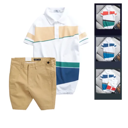 Set Bộ Nam - Áo Thun Nam Polo Cổ Bẻ Vải Thun Cá Sấu Poly Phối Kẻ Sọc Màu Và Quần Short Kaki Co Giãn Phối Nút Cao Cấp (Có Size 36)