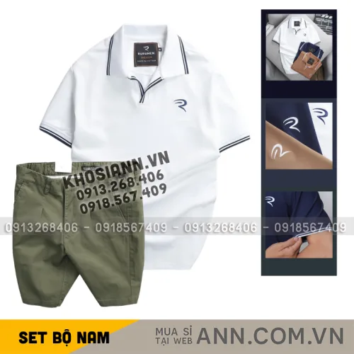 Set Bộ Nam - Áo Thun Nam Polo Cổ Bẻ Viền Bo Ngực Thêu Logo Chữ R Và Quần Short Kaki Co Giãn Phối Nút Cao Cấp (Có Size 36)