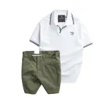 Set Bộ Nam - Áo Thun Nam Polo Cổ Bẻ Viền Bo Ngực Thêu Logo Chữ R Và Quần Short Kaki Co Giãn Phối Nút Cao Cấp (Có Size 36)