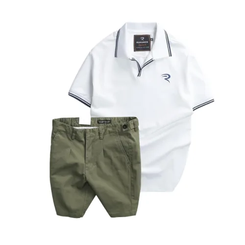 Set Bộ Nam - Áo Thun Nam Polo Cổ Bẻ Viền Bo Ngực Thêu Logo Chữ R Và Quần Short Kaki Co Giãn Phối Nút Cao Cấp (Có Size 36)