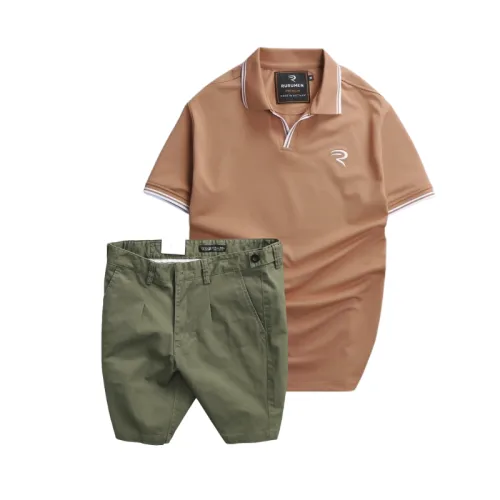 Set Bộ Nam - Áo Thun Nam Polo Cổ Bẻ Viền Bo Ngực Thêu Logo Chữ R Và Quần Short Kaki Co Giãn Phối Nút Cao Cấp (Có Size 36)