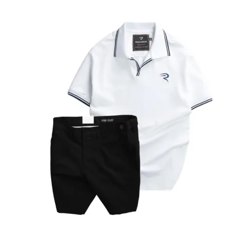 Set Bộ Nam - Áo Thun Nam Polo Cổ Bẻ Viền Bo Ngực Thêu Logo Chữ R Và Quần Short Kaki Co Giãn Phối Nút Cao Cấp (Có Size 36)
