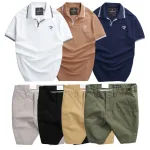 Set Bộ Nam - Áo Thun Nam Polo Cổ Bẻ Viền Bo Ngực Thêu Logo Chữ R Và Quần Short Kaki Co Giãn Phối Nút Cao Cấp (Có Size 36)