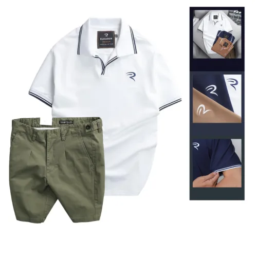 Set Bộ Nam - Áo Thun Nam Polo Cổ Bẻ Viền Bo Ngực Thêu Logo Chữ R Và Quần Short Kaki Co Giãn Phối Nút Cao Cấp (Có Size 36)