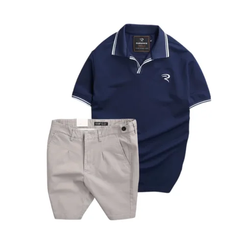 Set Bộ Nam - Áo Thun Nam Polo Cổ Bẻ Viền Bo Ngực Thêu Logo Chữ R Và Quần Short Kaki Co Giãn Phối Nút Cao Cấp (Có Size 36)