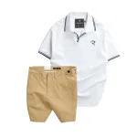 Set Bộ Nam - Áo Thun Nam Polo Cổ Bẻ Viền Bo Ngực Thêu Logo Chữ R Và Quần Short Kaki Co Giãn Phối Nút Cao Cấp (Có Size 36)