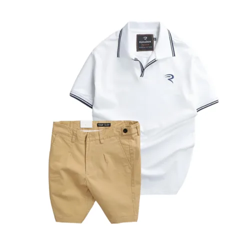 Set Bộ Nam - Áo Thun Nam Polo Cổ Bẻ Viền Bo Ngực Thêu Logo Chữ R Và Quần Short Kaki Co Giãn Phối Nút Cao Cấp (Có Size 36)