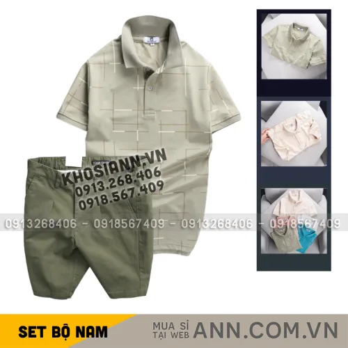 Set Bộ Nam - Áo Thun Nam Polo Phối Hoạ Tiết Kẻ Sọc Và Quần Short Kaki Co Giãn Phối Nút Cao Cấp (Có Size 36)