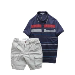 Set Bộ Nam Áo Thun Polo Hoạ Tiết Sọc Ngang Có Túi Quần Short Kaki Túi Hộp