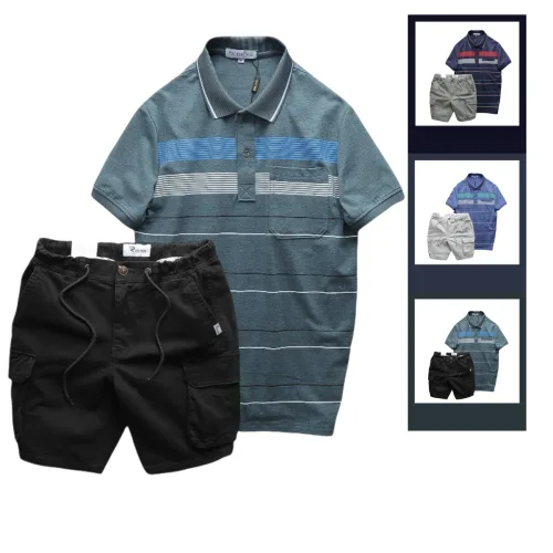 Hình ảnh Set Bộ Nam Áo Thun Polo Hoạ Tiết Sọc Ngang Có Túi Quần Short Kaki Túi Hộp trong bộ sưu tập quần short kaki