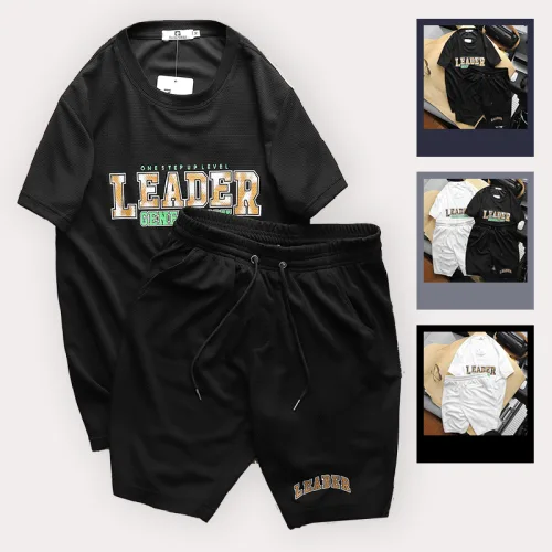 Set Bộ Nam Quần Short Áo Cổ Tròn In Chữ Leader