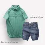 Set Bộ Nam Quần Short Jeans Phối Áo Thun Cotton Tay Ngắn Cổ Bẻ Có Túi
