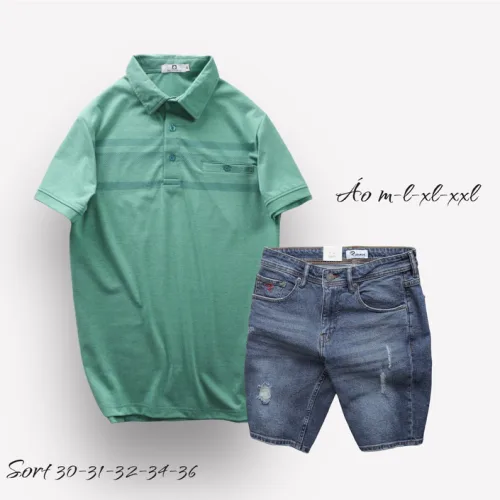 Set Bộ Nam Quần Short Jeans Phối Áo Thun Cotton Tay Ngắn Cổ Bẻ Có Túi