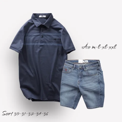 Set Bộ Nam Quần Short Jeans Phối Áo Thun Cotton Tay Ngắn Cổ Bẻ Có Túi