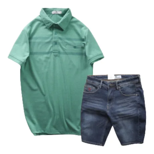 Hình ảnh Set Bộ Nam Quần Short Jeans Phối Áo Thun Cotton Tay Ngắn Cổ Bẻ Có Túi trong bộ sưu tập Set bộ quần áo nam