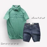 Set Bộ Nam Quần Short Jeans Phối Áo Thun Cotton Tay Ngắn Cổ Bẻ Có Túi
