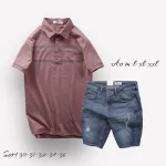 Set Bộ Nam Quần Short Jeans Phối Áo Thun Cotton Tay Ngắn Cổ Bẻ Có Túi