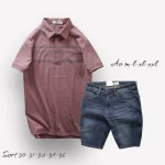 Set Bộ Nam Quần Short Jeans Phối Áo Thun Cotton Tay Ngắn Cổ Bẻ Có Túi