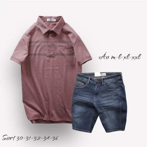 Set Bộ Nam Quần Short Jeans Phối Áo Thun Cotton Tay Ngắn Cổ Bẻ Có Túi
