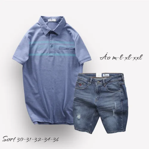 Set Bộ Nam Quần Short Jeans Phối Áo Thun Cotton Tay Ngắn Cổ Bẻ Có Túi