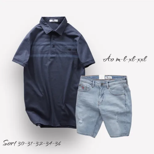 Set Bộ Nam Quần Short Jeans Phối Áo Thun Cotton Tay Ngắn Cổ Bẻ Có Túi
