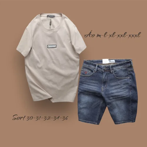 Set Bộ Nam Quần Short Jeans Phối Áo Thun Cổ Tròn Tag Chữ Superior