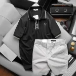 Set Bộ Nam Quần Short Kaki Lưng Thun Phối Áo Thun Pack Horse Polo Cổ Bẻ In Logo Chữ Prefect