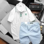 Set Bộ Nam Quần Short Kaki Lưng Thun Phối Áo Thun Pack Horse Polo Cổ Bẻ In Logo Chữ Prefect