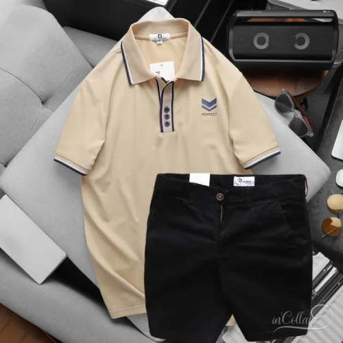 Set Bộ Nam Quần Short Kaki Lưng Thun Phối Áo Thun Pack Horse Polo Cổ Bẻ In Logo Chữ Prefect