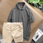 Set Bộ Nam Quần Short Kaki Phối Áo Cổ Bẻ Thêu Chữ Cao Cấp