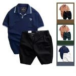 Set Bộ Nam Quần Short Kaki Phối Áo Thun Cá Sấu Cổ Bẻ Viền Bo Ngực Thêu Logo Chữ R