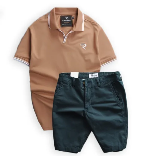 Set Bộ Nam Quần Short Kaki Phối Áo Thun Cá Sấu Cổ Bẻ Viền Bo Ngực Thêu Logo Chữ R