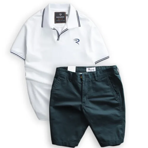 Set Bộ Nam Quần Short Kaki Phối Áo Thun Cá Sấu Cổ Bẻ Viền Bo Ngực Thêu Logo Chữ R