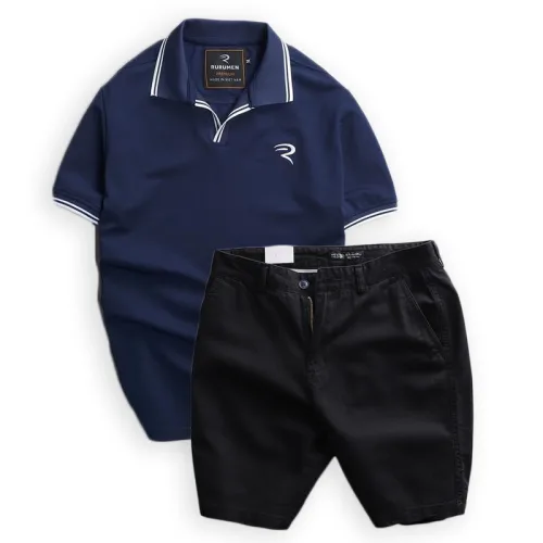 Set Bộ Nam Quần Short Kaki Phối Áo Thun Cá Sấu Cổ Bẻ Viền Bo Ngực Thêu Logo Chữ R