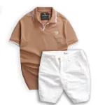 Set Bộ Nam Quần Short Kaki Phối Áo Thun Cá Sấu Cổ Bẻ Viền Bo Ngực Thêu Logo Chữ R
