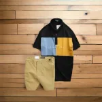 Set Bộ Nam Quần Short Kaki Phối Cúc Áo Thun Cổ Bẻ Thêu Chữ Phối Màu