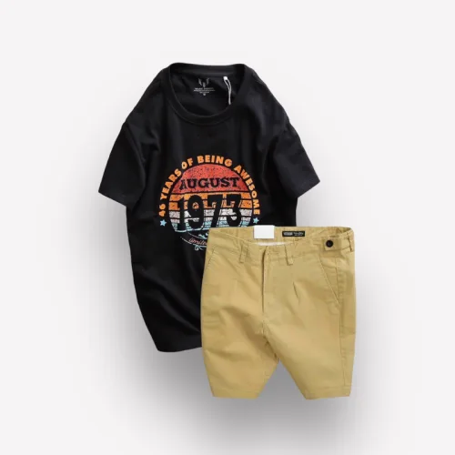 Set Bộ Nam Quần Short Kaki Phối Cúc Áo Thun Cổ Tròn In 1973