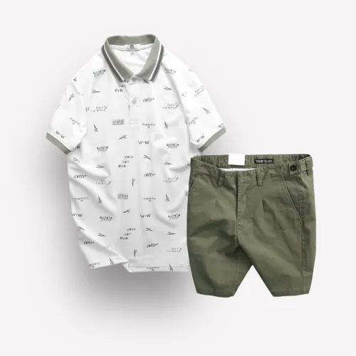 Set Bộ Nam Quần Short Kaki Phối Cúc và Áo Thun Polo Cổ Bẻ Pack Horse In Hoạ Tiết