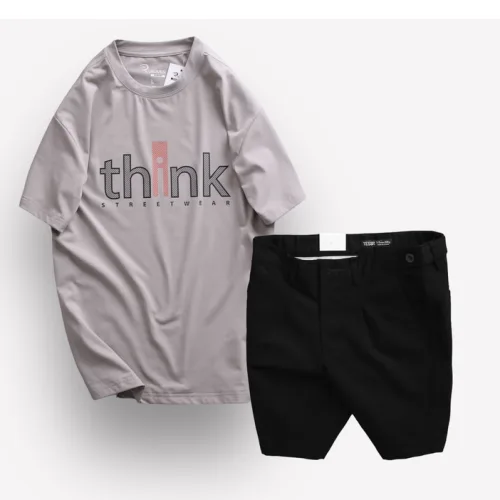 Set Bộ Nam Quần Short Kaki Phối Nút và Áo Thun Cổ Tròn In Chữ Big Size
