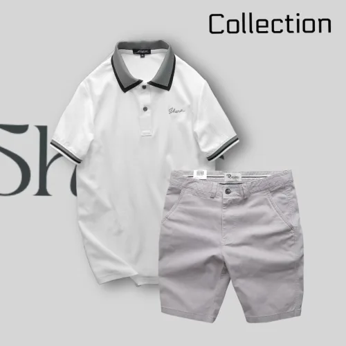 Set Bộ Nam Quân Short Kaki Rurumen Cao Cấp Phối Áo Thun Polo Cổ Bẻ Thêu Chữ Shark