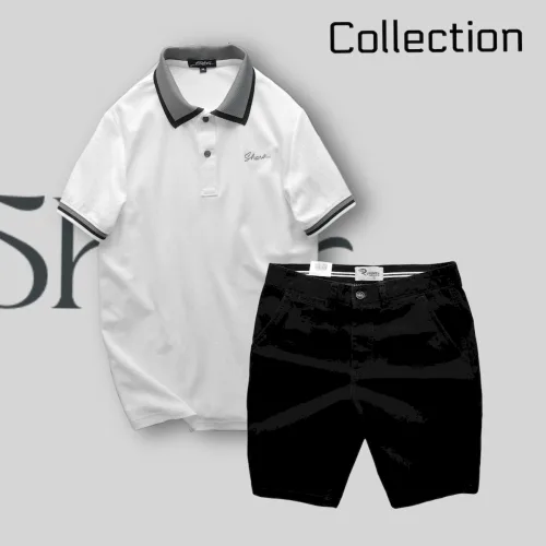 Set Bộ Nam Quân Short Kaki Rurumen Cao Cấp Phối Áo Thun Polo Cổ Bẻ Thêu Chữ Shark
