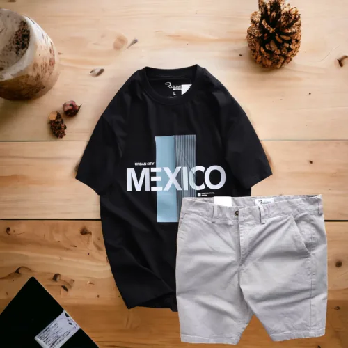 Set Bộ Nam Quần Short Kaki Rurumen Phối Áo Thun Cổ Tròn Big Size