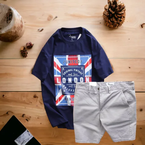 Set Bộ Nam Quần Short Kaki Rurumen Phối Áo Thun Cổ Tròn Big Size