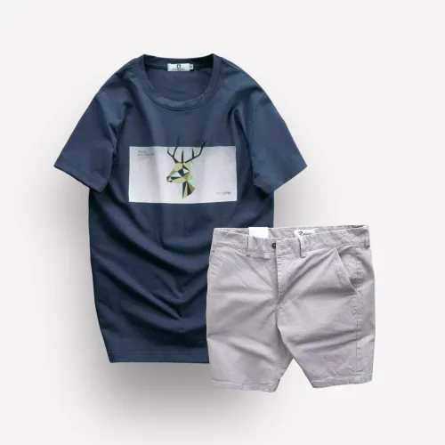 Set Bộ Nam Quần Short Kaki Rurumen Phối Áo Thun Cổ Tròn In Hình Tuần Lộc