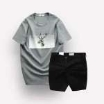 Set Bộ Nam Quần Short Kaki Rurumen Phối Áo Thun Cổ Tròn In Hình Tuần Lộc