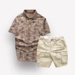 Set Bộ Nam Quần Short Kaki Túi Hộp Dây Rút Phối Áo Thun Nam Cổ Bẻ In Chữ MXO