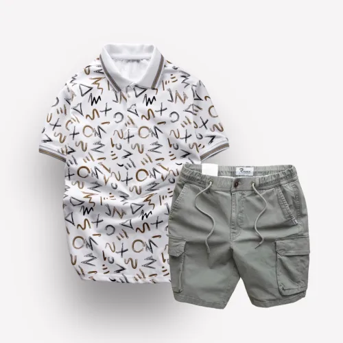 Set Bộ Nam Quần Short Kaki Túi Hộp Dây Rút Phối Áo Thun Nam Cổ Bẻ In Chữ MXO