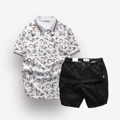 Set Bộ Nam Quần Short Kaki Túi Hộp Dây Rút Phối Áo Thun Nam Cổ Bẻ In Chữ MXO