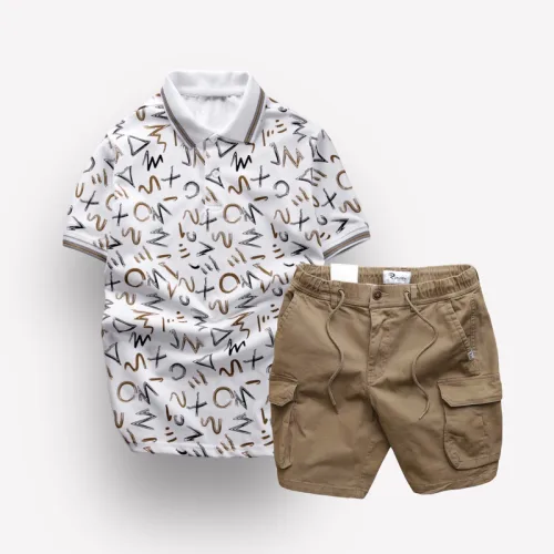 Set Bộ Nam Quần Short Kaki Túi Hộp Dây Rút Phối Áo Thun Nam Cổ Bẻ In Chữ MXO