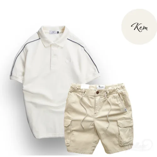 Set Bộ Nam Quần Short Kaki Túi Hộp Phối Áo Thun Cá Sấu Cổ Bẻ Viền Tay